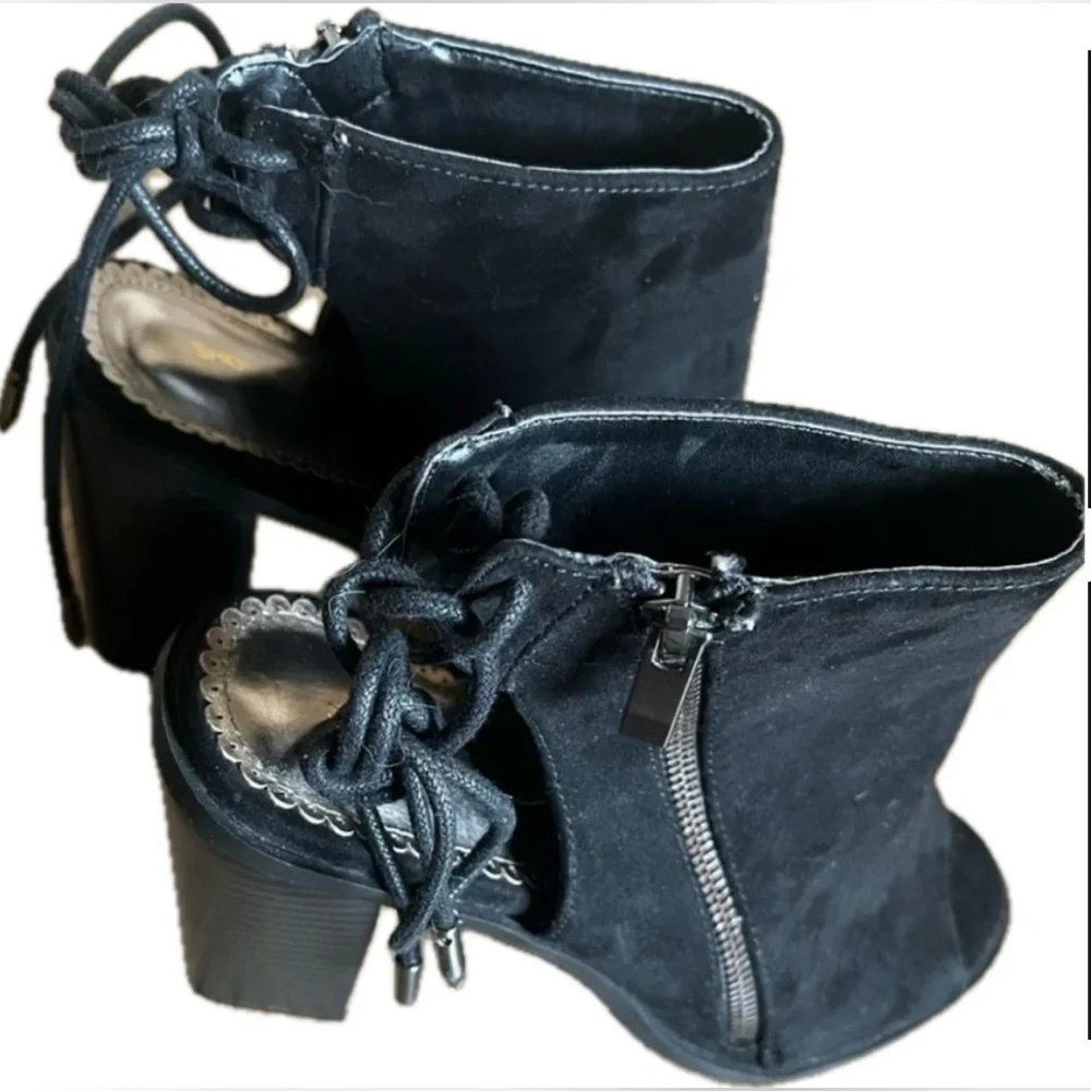 Black Peep Toe Booties with side zipper and chunky heel. NWOT. Women’s size 8.5